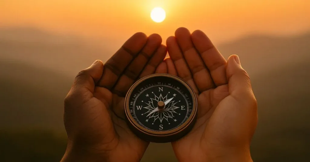Mãos de diferentes etnias segurando uma bússola com símbolo de mandala ao pôr do sol, representando direção espiritual, clareza interior e intuição divina.