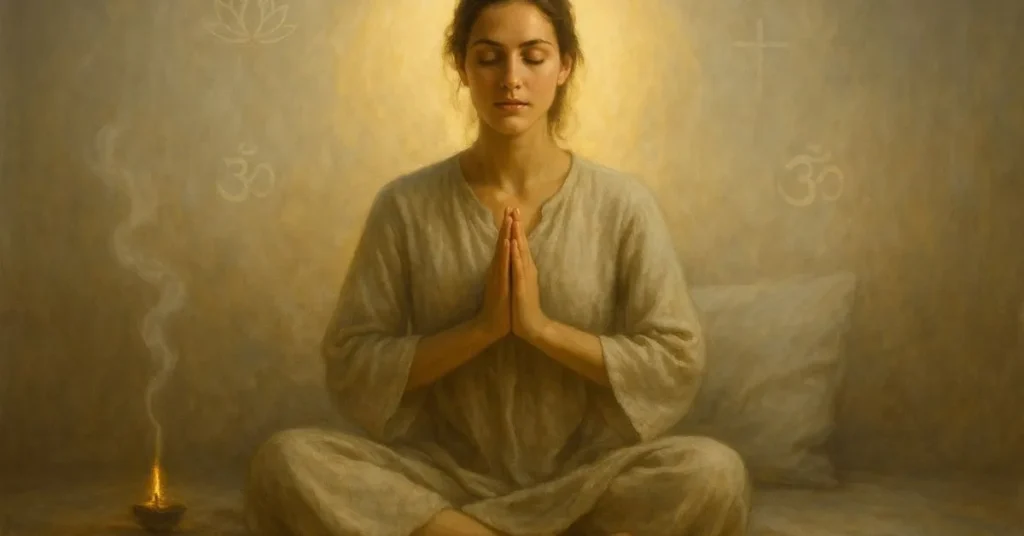 Jovem em posição de oração e meditação no chão, com expressão serena, cercada por luz dourada e símbolos espirituais, ao lado de um incenso aceso, representando limpeza energética e proteção divina.