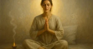 Jovem em posição de oração e meditação no chão, com expressão serena, cercada por luz dourada e símbolos espirituais, ao lado de um incenso aceso, representando limpeza energética e proteção divina.