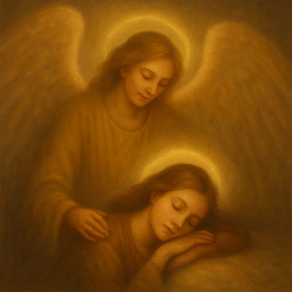Anjo iluminado com asas suaves protegendo com ternura uma jovem em oração ou repouso, em uma cena que transmite carinho, paz e presença espiritual reconfortante