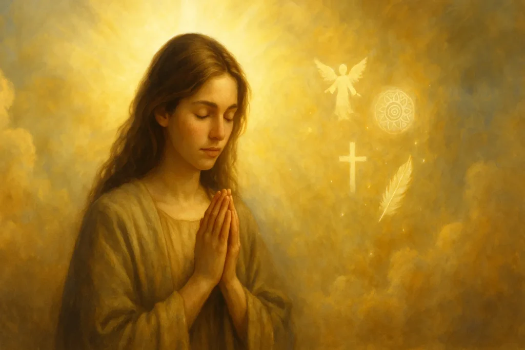 Jovem em postura de oração com os olhos fechados, rodeada por uma luz dourada intensa que simboliza limpeza espiritual, paz interior e conexão com o divino