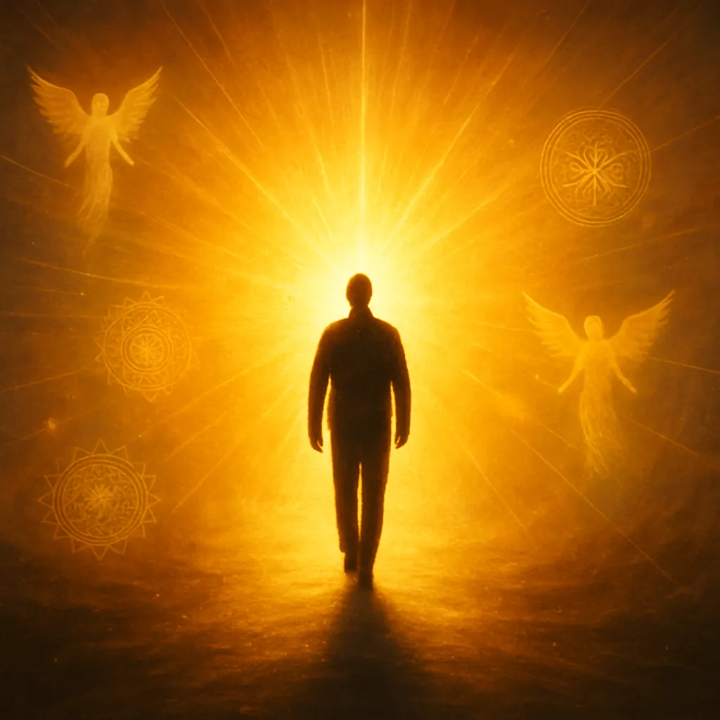 Silhueta de uma pessoa caminhando em direção a uma luz dourada intensa, cercada por símbolos espirituais como anjos e mandalas, representando proteção e conexão divina