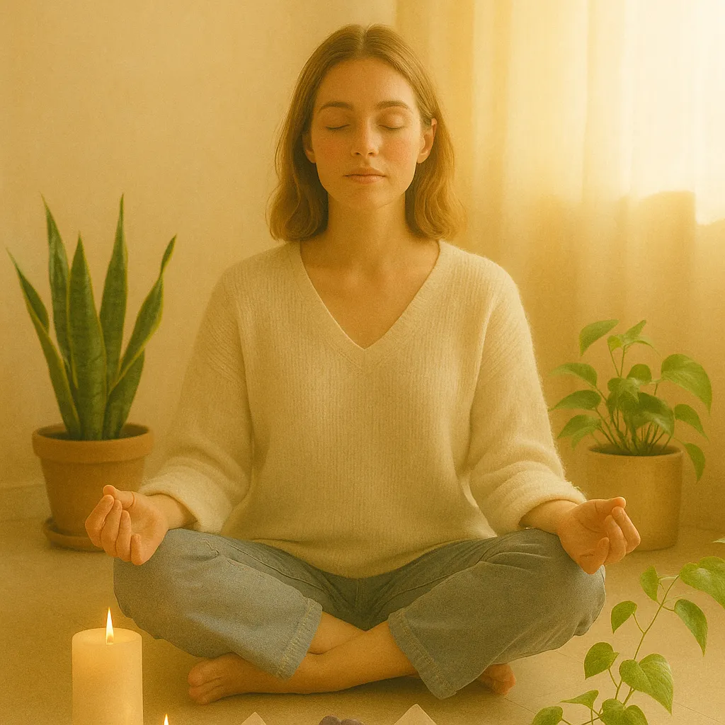 Pessoa meditando com serenidade em ambiente iluminado, rodeada por velas, cristais e plantas, representando práticas espirituais diárias de limpeza energética e conexão com o anjo da guarda