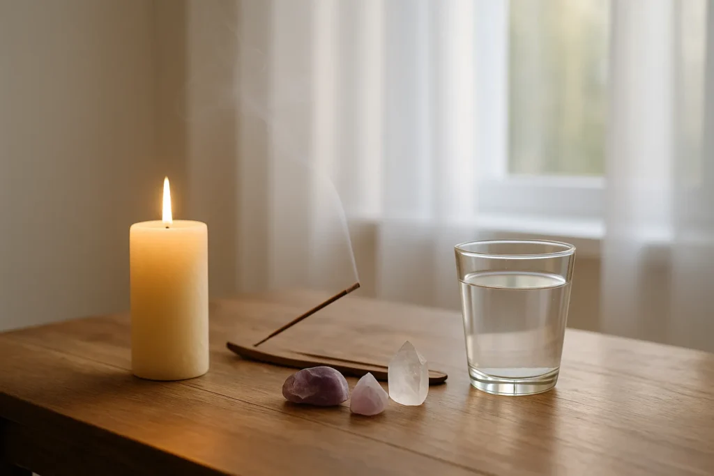 Mesa de madeira com vela acesa, incenso soltando fumaça, cristais e copo com água e sal, iluminados por luz natural suave vinda da janela — cenário preparado para oração e limpeza espiritual