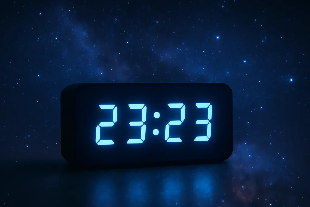 Relógio digital marcando 23:23 sobre um fundo estrelado e etéreo, representando sinais do universo e conexão espiritual profunda através da Lei da Atração.