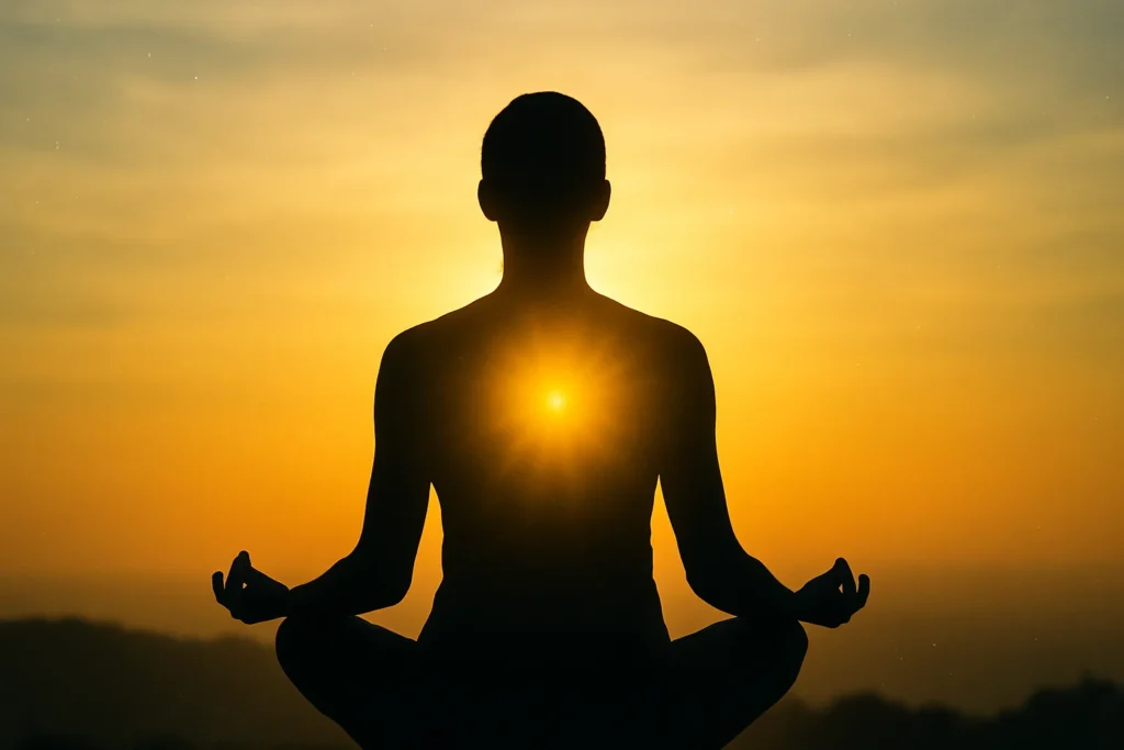 Pessoa meditando em posição de lótus durante o amanhecer, com brilho sutil ao redor do corpo, representando elevação espiritual, paz interior e conexão com o universo.