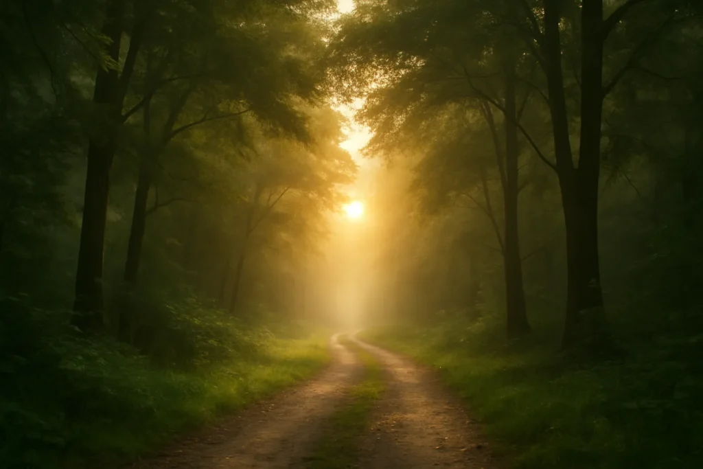 Trilha em meio à floresta com luz suave e dourada ao fundo, simbolizando direção espiritual, intuição e sinais cósmicos do universo.