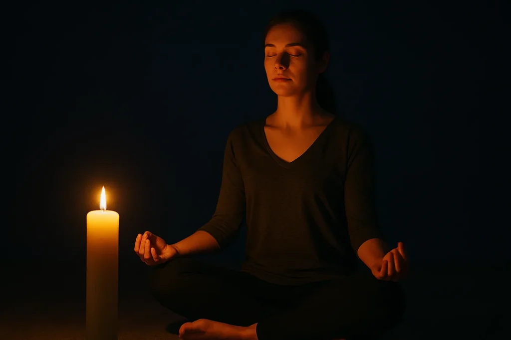 Mulher sentada em posição de meditação à noite, com os olhos fechados e uma vela acesa ao lado, transmitindo serenidade e conexão espiritual.