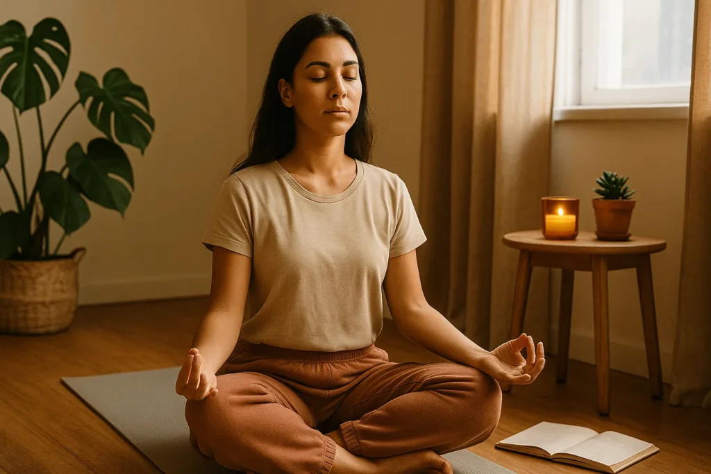 Mulher meditando em um ambiente calmo com vela acesa, planta e caderno, representando o exercício espiritual de escuta interior e interpretação de sinais.