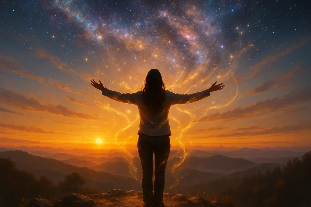 Mulher de braços abertos no topo da montanha ao nascer do sol, envolvida por luz dourada e estrelas, simbolizando o momento em que a alma se conecta com seu propósito.