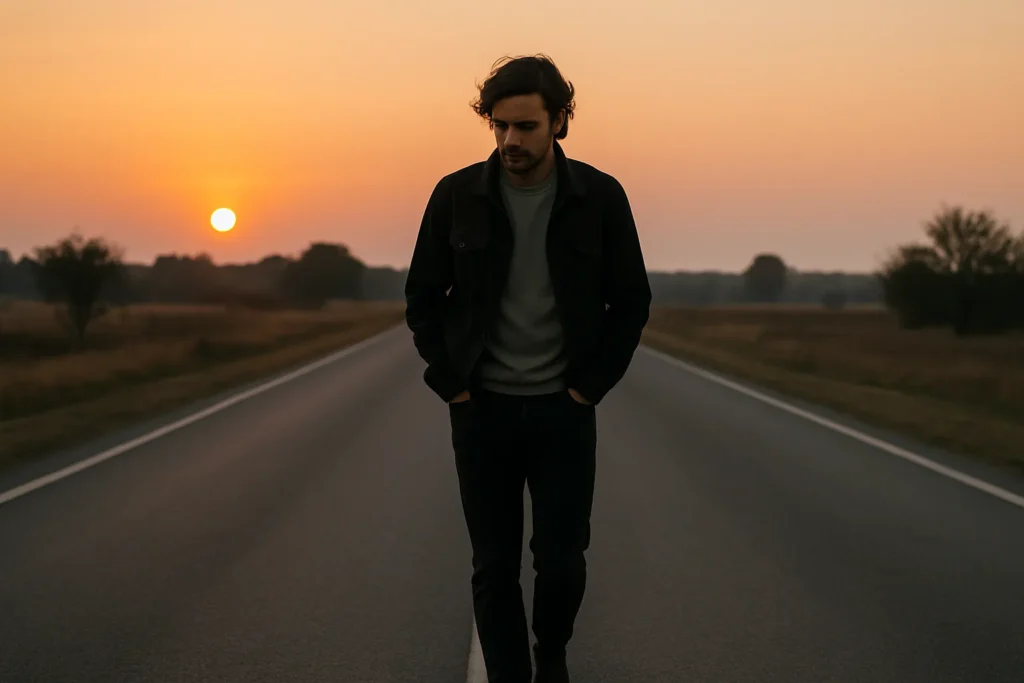 Homem caminhando sozinho por estrada vazia ao pôr do sol, com expressão introspectiva e mãos nos bolsos