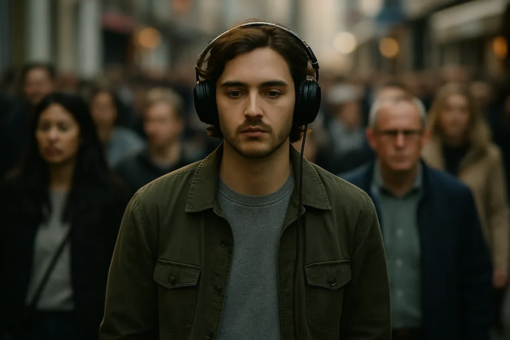 Homem com fones de ouvido caminhando no meio da multidão com olhar distante, representando o sentimento de viver no automático