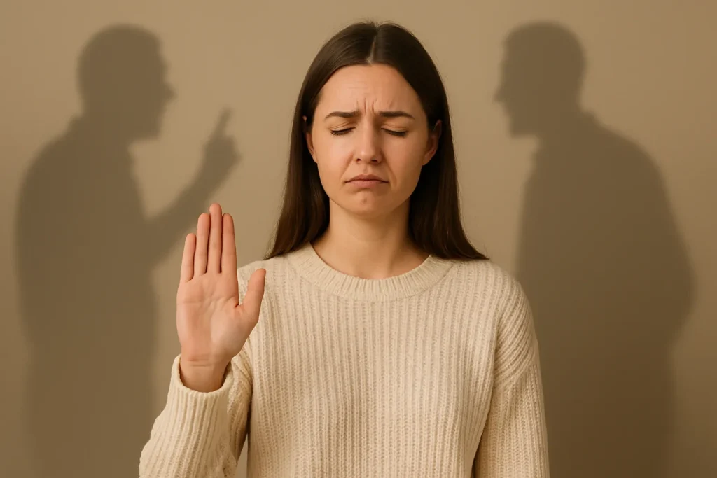 Mulher com expressão de desconforto e mão levantada em gesto de recusa, com sombras de figuras ao fundo representando influência externa