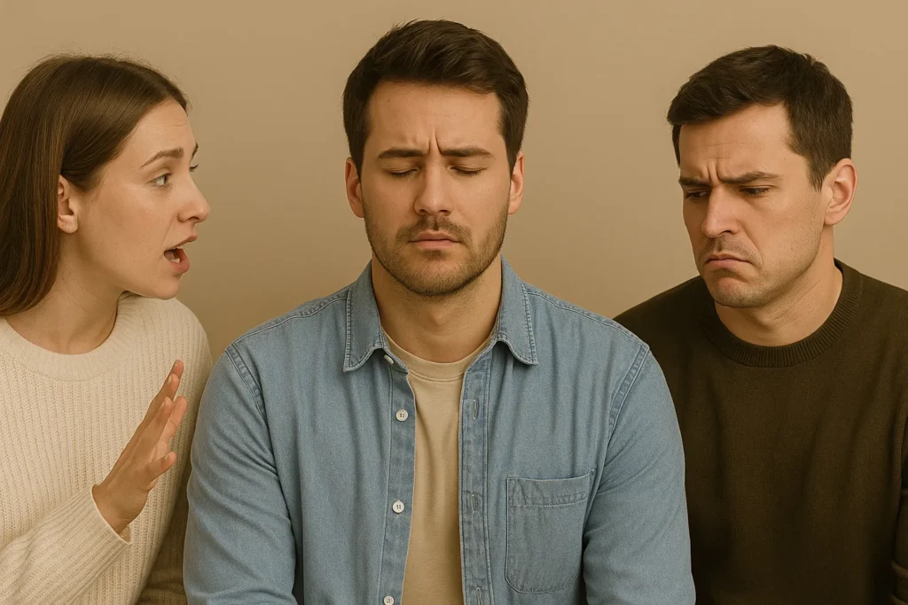 Pessoa de olhos fechados entre duas figuras negativas, representando o desgaste de conviver com influências tóxicas