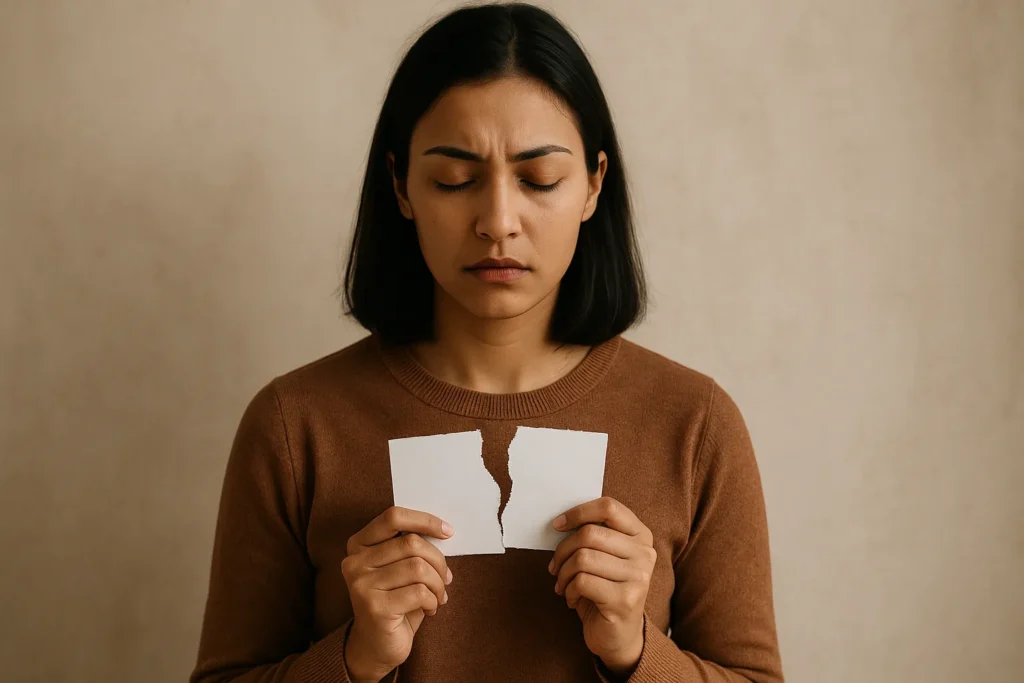 Mulher de olhos fechados segurando carta rasgada junto ao peito, expressando mágoa profunda e introspecção