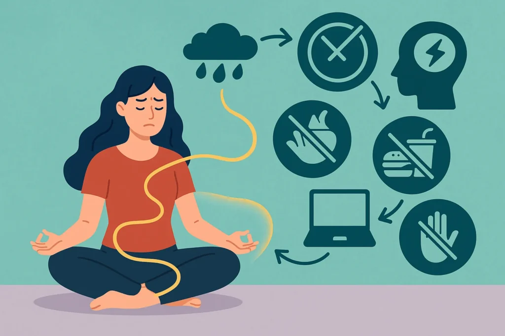 Ilustração de uma mulher meditando com expressão frustrada, cercada por ícones representando hábitos que bloqueiam a energia, como estresse, má alimentação e excesso de tecnologia.