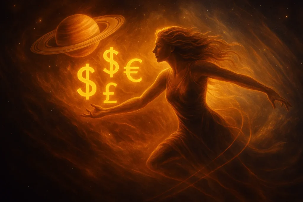 Ilustração de Saturno brilhando no espaço com símbolos de dinheiro e elementos astrológicos ao redor, representando os cinco signos que terão mudanças financeiras em maio