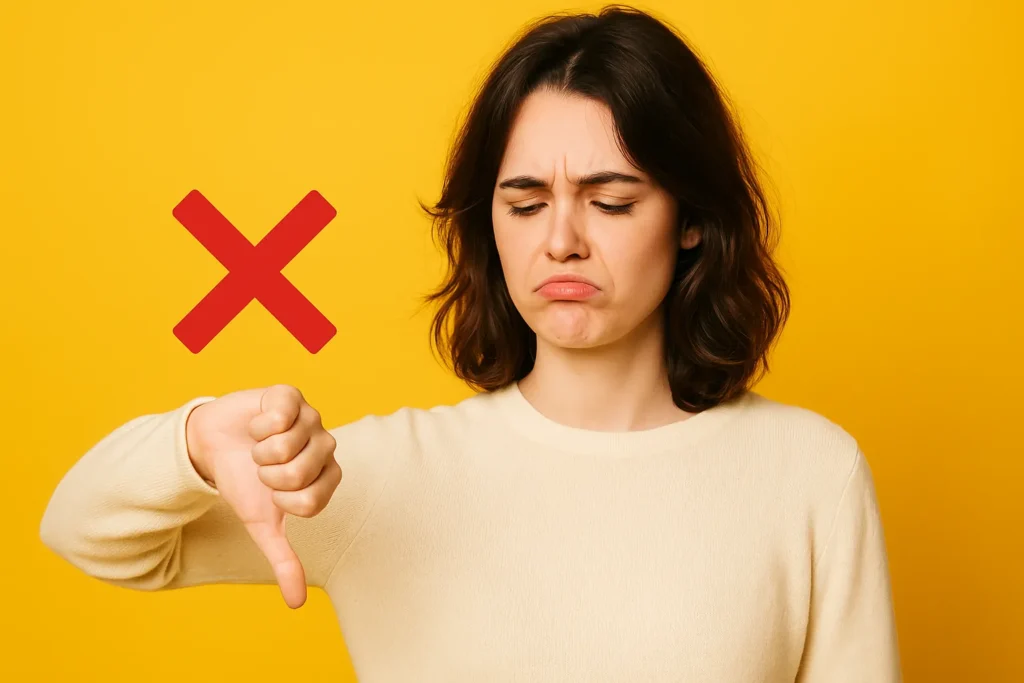 Mulher jovem de cabelos castanhos e expressão desapontada, fazendo sinal de “joinha para baixo” com a mão, em frente a um fundo amarelo vibrante com um grande X vermelho ao lado, simbolizando erro ou falha.