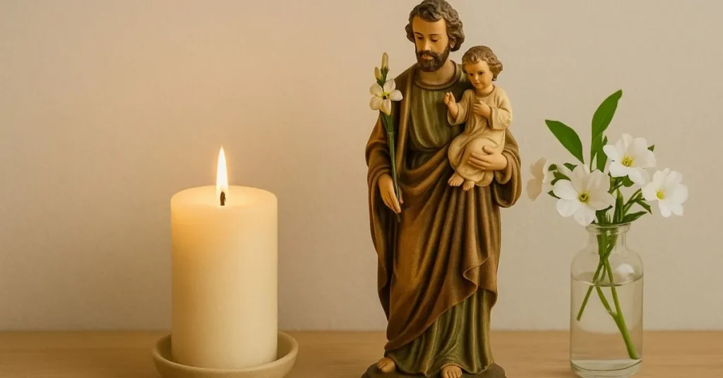 Altar doméstico com imagem de São José e Menino Jesus, vela acesa, terço e flores brancas em um ambiente sereno de oração.
