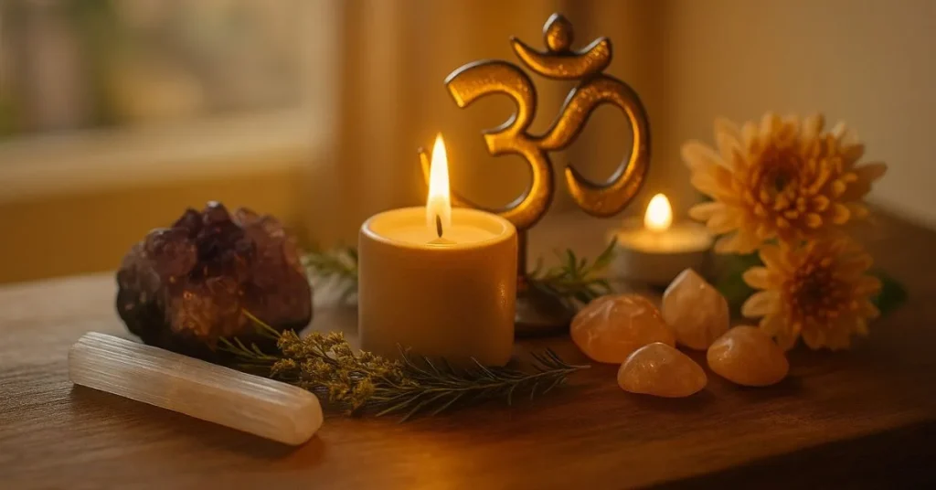 altar da prosperidade montado em casa para conexão com a abundância espiritual e financeira, com vela acesa, cristais, flores e símbolo sagrado.