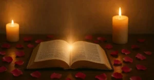 Bíblia aberta iluminada por velas entre pétalas de rosa sobre mesa de madeira, simbolizando oração, amor divino e fé profunda.