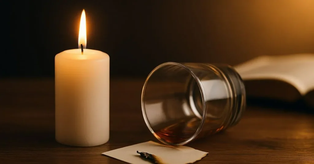 Copo de bebida virado ao lado de uma vela branca acesa e um papel queimado, simbolizando libertação espiritual e rompimento com o vício do álcool.