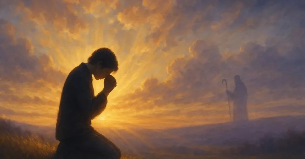 Pessoa ajoelhada em oração ao pôr do sol, com raios dourados atravessando as nuvens e uma silhueta de pastor ao fundo, simbolizando o Salmo 23 e a proteção divina.