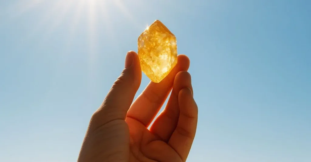 Mão segurando um citrino iluminado pelo sol, com céu azul ao fundo e feixes de luz revelando a energia espiritual da pedra.