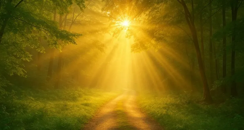 Trilha iluminada pelo sol em meio a uma floresta serena, simbolizando abertura de caminhos e renovação espiritual.
