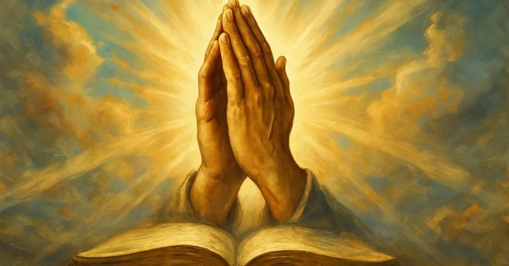 Mãos unidas em oração emergindo de um livro aberto, envoltas por uma luz dourada radiante em um céu espiritualizado