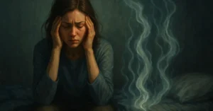 Mulher sentada na cama com expressão de angústia e mãos na cabeça, envolta por correntes sutis de energia espiritual, simbolizando cansaço emocional e necessidade de limpeza espiritual.