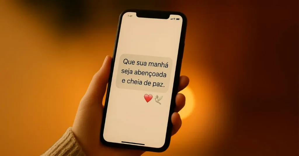 celular com mensagem “Que sua manhã seja abençoada e cheia de paz” com fundo quente e acolhedor