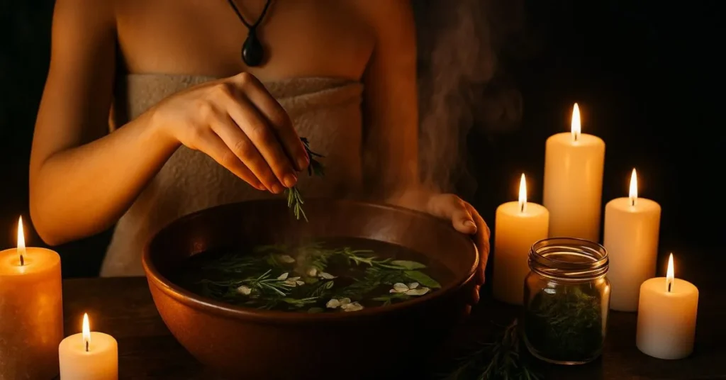 Mulher preparando um banho espiritual com ervas frescas em uma tigela de barro, cercada por velas acesas que criam um ambiente acolhedor e energético.