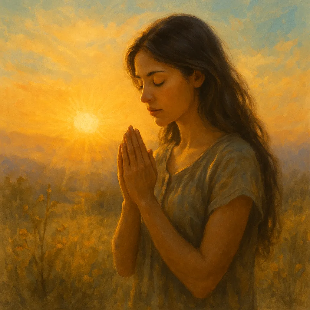 Mulher em oração ao amanhecer, cercada pela luz suave do sol, expressando paz e gratidão pela manhã