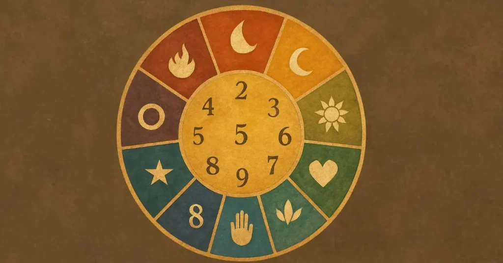 Diagrama circular dividido em nove partes com símbolos representando os significados espirituais dos números de 1 a 9.