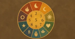Diagrama circular dividido em nove partes com símbolos representando os significados espirituais dos números de 1 a 9.