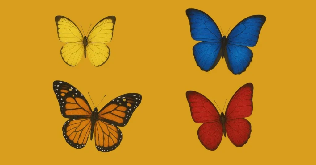 Ilustração com quatro borboletas coloridas — amarela, azul, vermelha e laranja — sobre fundo roxo, representando simbolismos espirituais das cores segundo a espiritualidade.