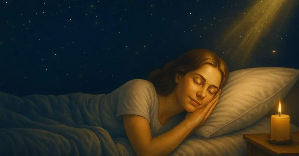 Mulher dormindo tranquilamente em um quarto escuro, iluminada por uma vela acesa sobre o criado-mudo e um feixe de luz dourada vindo do alto, com um céu estrelado ao fundo — representando proteção divina e paz espiritual durante o sono.