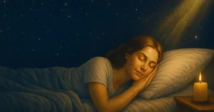 Mulher dormindo tranquilamente em um quarto escuro, iluminada por uma vela acesa sobre o criado-mudo e um feixe de luz dourada vindo do alto, com um céu estrelado ao fundo — representando proteção divina e paz espiritual durante o sono.