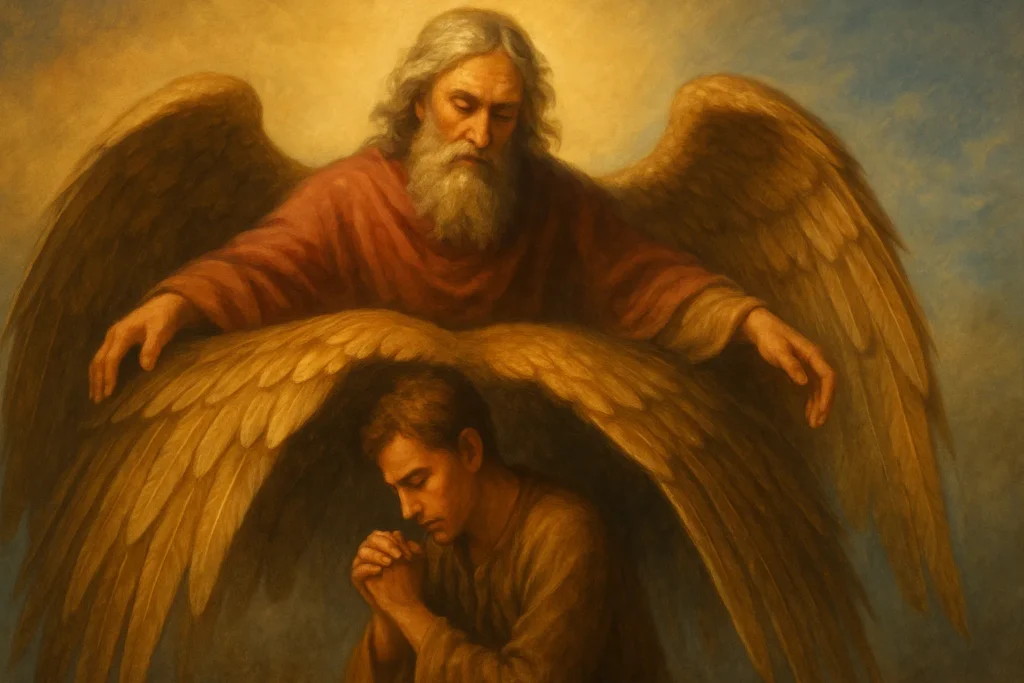 Imagem artística mostrando uma figura divina com asas envolvendo e protegendo um homem ajoelhado em oração, simbolizando o poder espiritual e o refúgio prometido no Salmo 91.
Imagem artística mostrando uma figura divina com asas envolvendo e protegendo um homem ajoelhado em oração, simbolizando o poder espiritual e o refúgio prometido no Salmo 91.