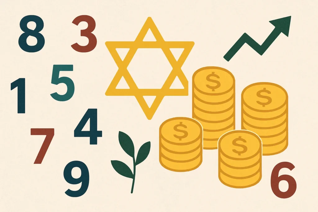 Imagem ilustrativa com números de 1 a 9, moedas empilhadas, seta de crescimento, planta e símbolo místico, representando prosperidade, crescimento financeiro e os significados numerológicos ligados à abundância.