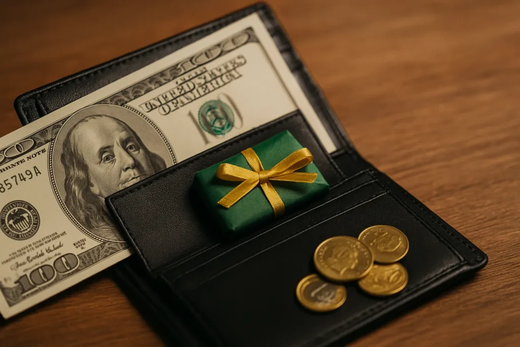 Imagem de uma carteira preta aberta com notas de cem dólares, moedas douradas e um pequeno embrulho verde com laço dourado em um compartimento interno, representando um ritual de atração de dinheiro.