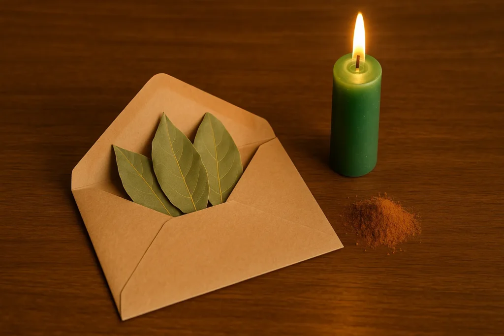 Imagem de um envelope aberto contendo folhas de louro, ao lado de uma vela verde acesa e um pequeno monte de canela em pó sobre uma mesa de madeira, criando uma atmosfera espiritual e acolhedora.