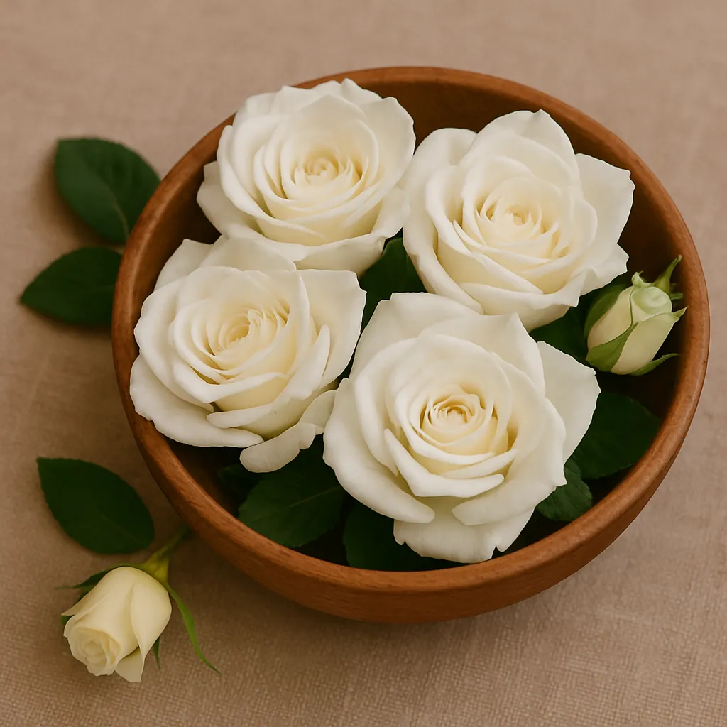 Tigela de madeira com rosas brancas frescas, simbolizando paz e amor-próprio.