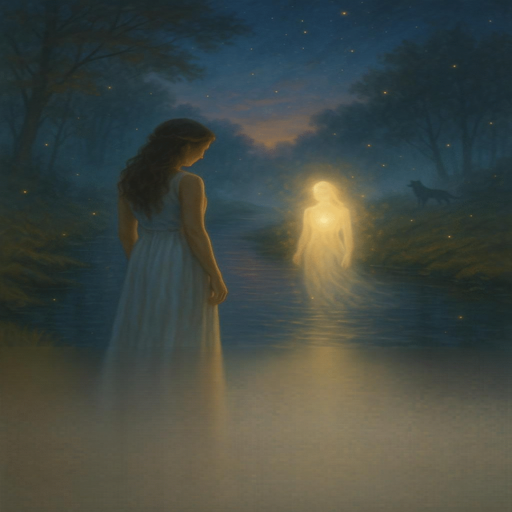 Pessoa em estado meditativo cercada por luz dourada em cenário celestial, representando o despertar espiritual como retorno à verdadeira essência.
