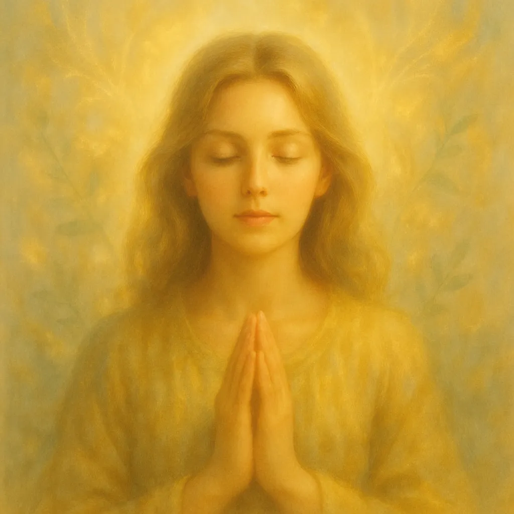 Mulher jovem com olhos fechados em posição de oração, envolta por uma luz dourada suave, simbolizando paz, meditação e conexão espiritual em um ambiente celestial.