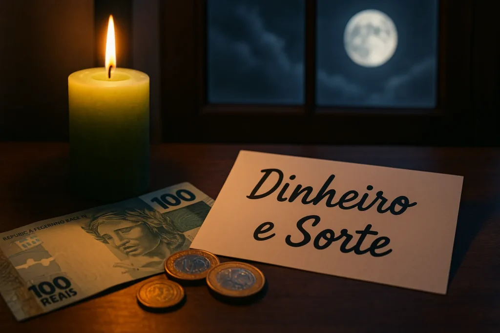 Ritual espiritual com vela verde, nota de cem reais e a frase “Dinheiro e Sorte” sob o luar, simbolizando intenção de prosperidade e caminhos abertos.