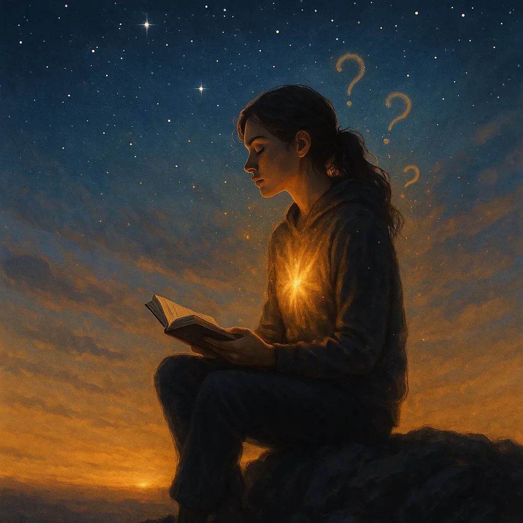Mulher sentada sobre rochas ao entardecer, lendo um livro com o coração iluminado e pontos de interrogação ao fundo, simbolizando a busca interior e os questionamentos espirituais.