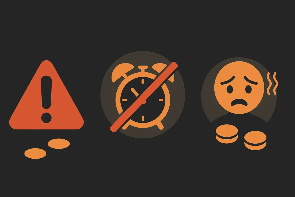 Ilustração com ícones de alerta sobre fundo escuro, incluindo símbolo de exclamação, relógio cortado e rosto ansioso, representando pressa, dúvida e medo — atitudes que impedem a simpatia para ganhar dinheiro de funcionar