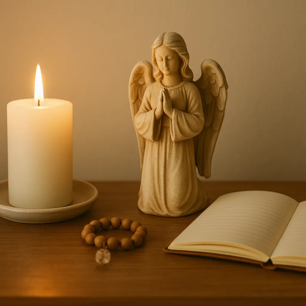Altar simples com vela branca acesa, imagem de anjo em oração, pulseira de contas com cristal e caderno aberto sobre uma superfície de madeira clara — transmitindo espiritualidade, serenidade e conexão interior.